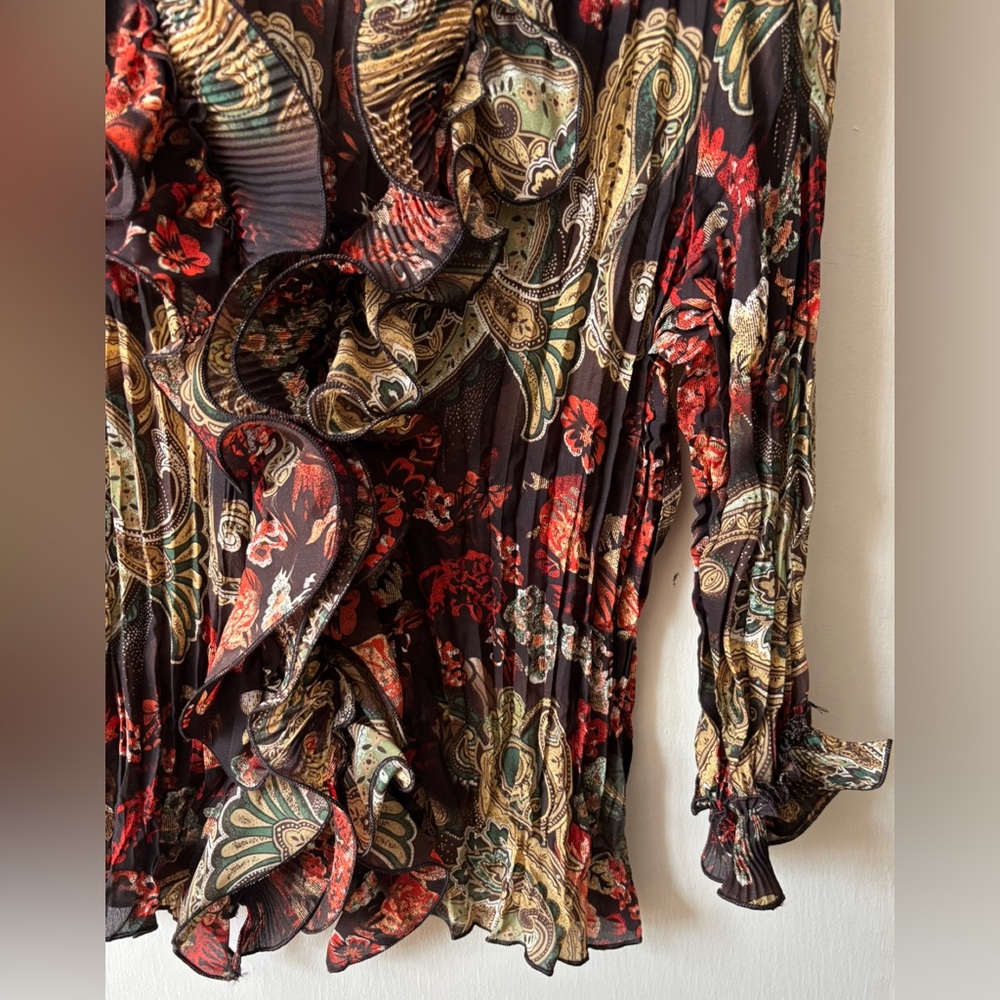 Vintage 90s Laura Petites Ruffled Button Front Pleated Floral and Paisley Blouse - Picture 13 of 15